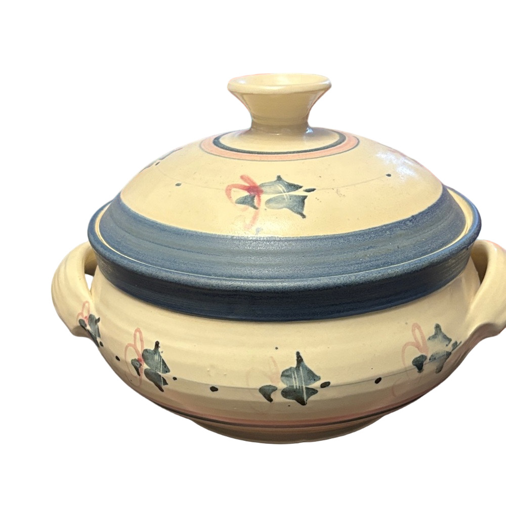 Artisan Vintage Signed Ceramic Lidded Pot with Blue and Pink Details